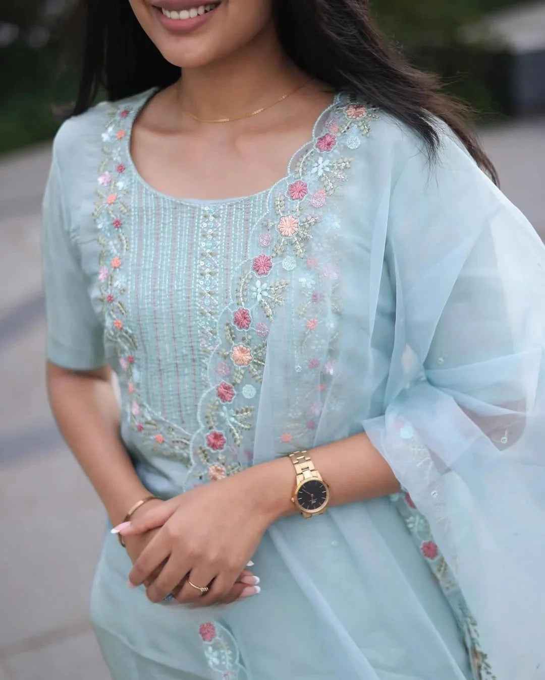 Premium Tissue Handwork Blue Suit Set