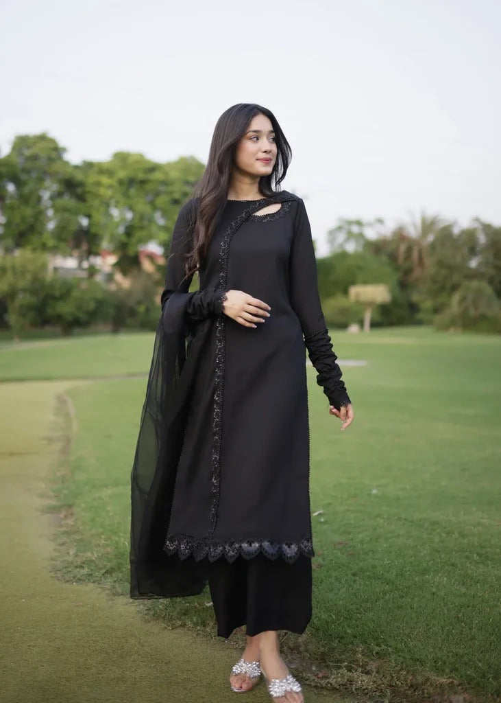 Elegant Black Embroidered Suit Set for Women