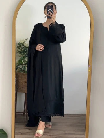 Premium Black Slub Khaddar Embroidered 3-Piece Suit