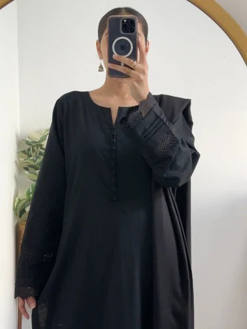 Premium Black Slub Khaddar Embroidered 3-Piece Suit