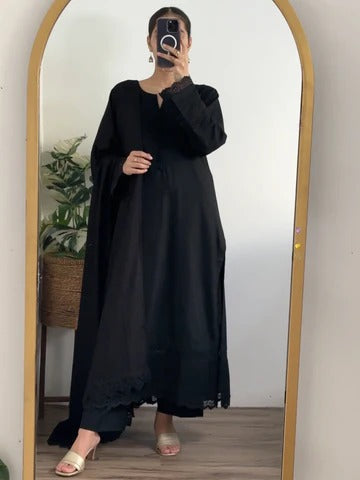 Premium Black Slub Khaddar Embroidered 3-Piece Suit