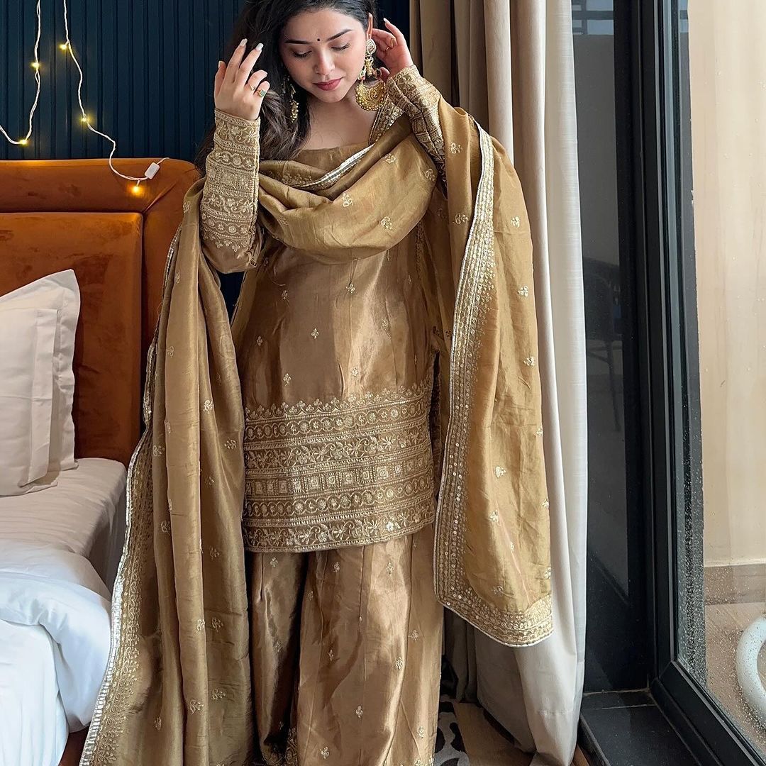 Wedding Wear Golden Color Fandy Satin Kurti For Girls