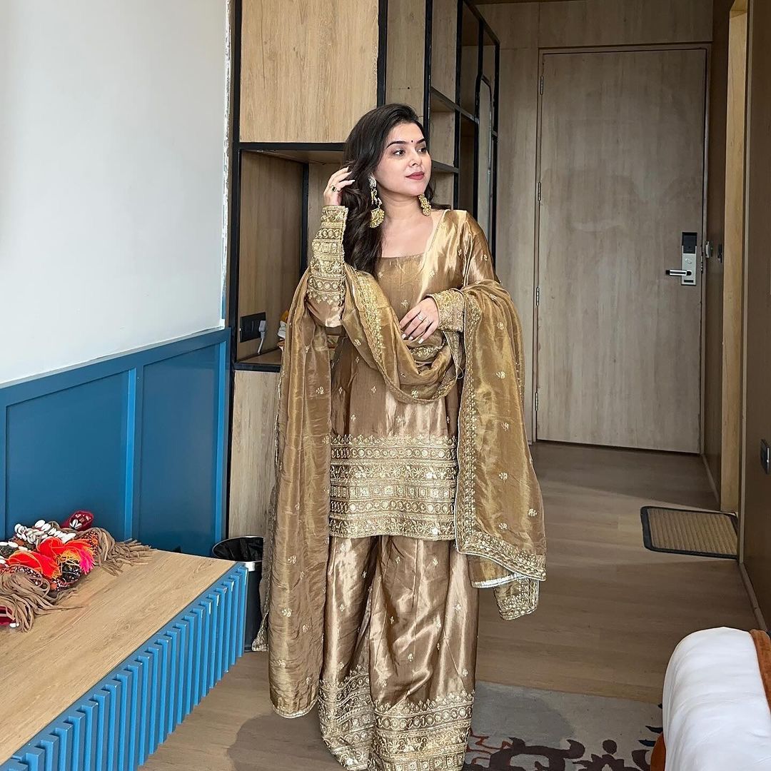 Wedding Wear Golden Color Fandy Satin Kurti For Girls