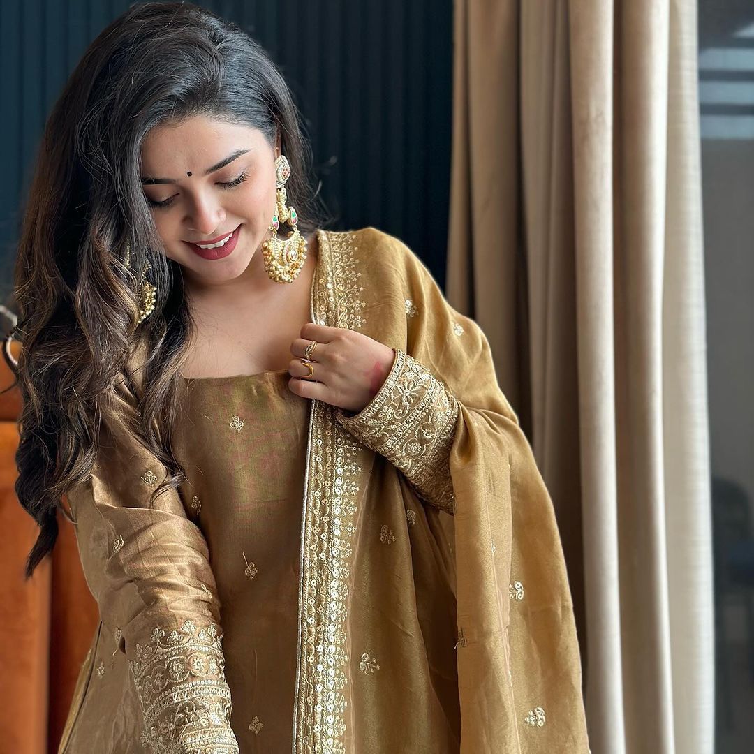 Wedding Wear Golden Color Fandy Satin Kurti For Girls