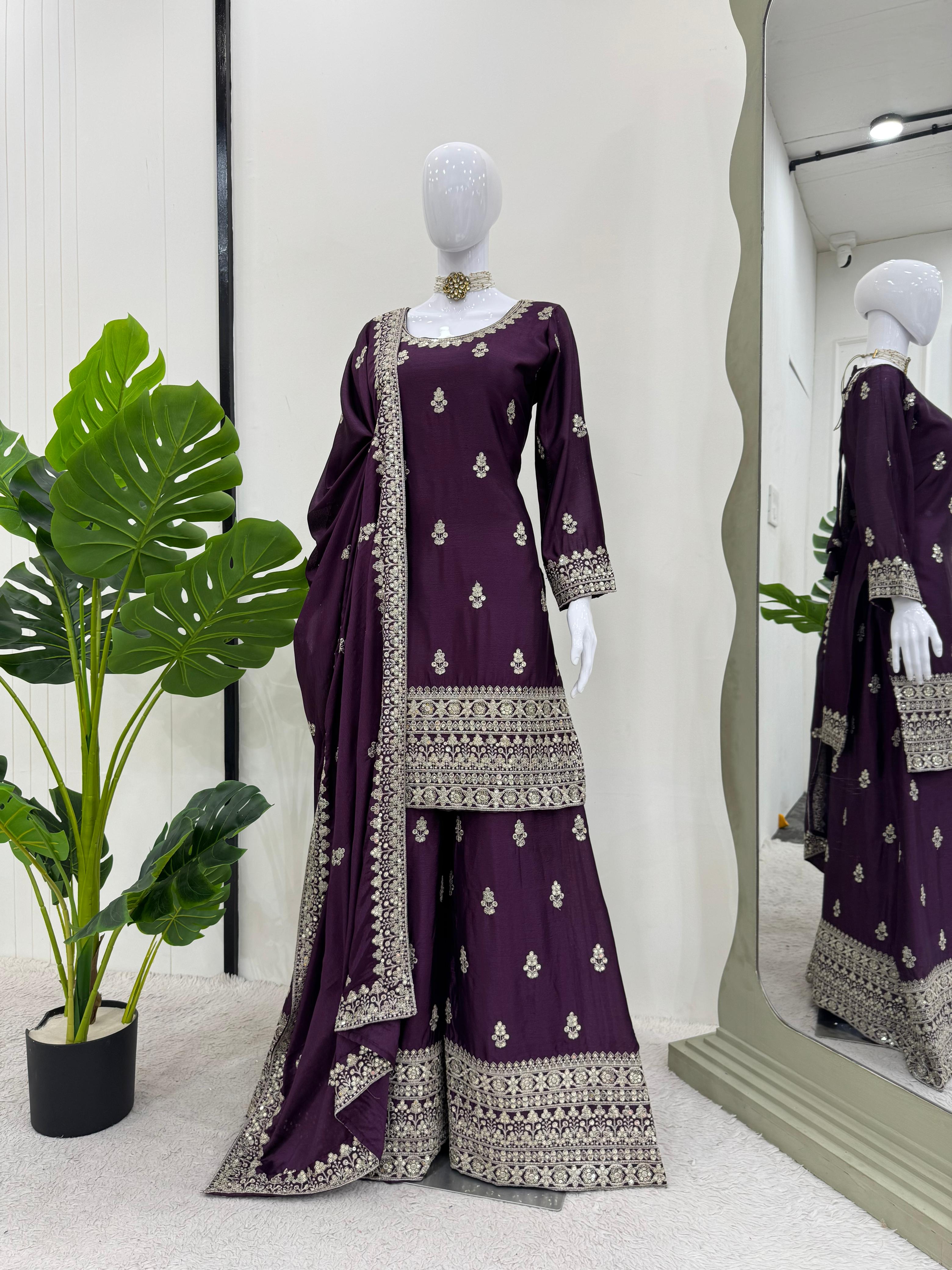 Wedding Wear Purple Color Chinon Silk Wear For Girls