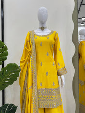 Wedding Wear Yellow Color Chinon Silk Wear For Girls