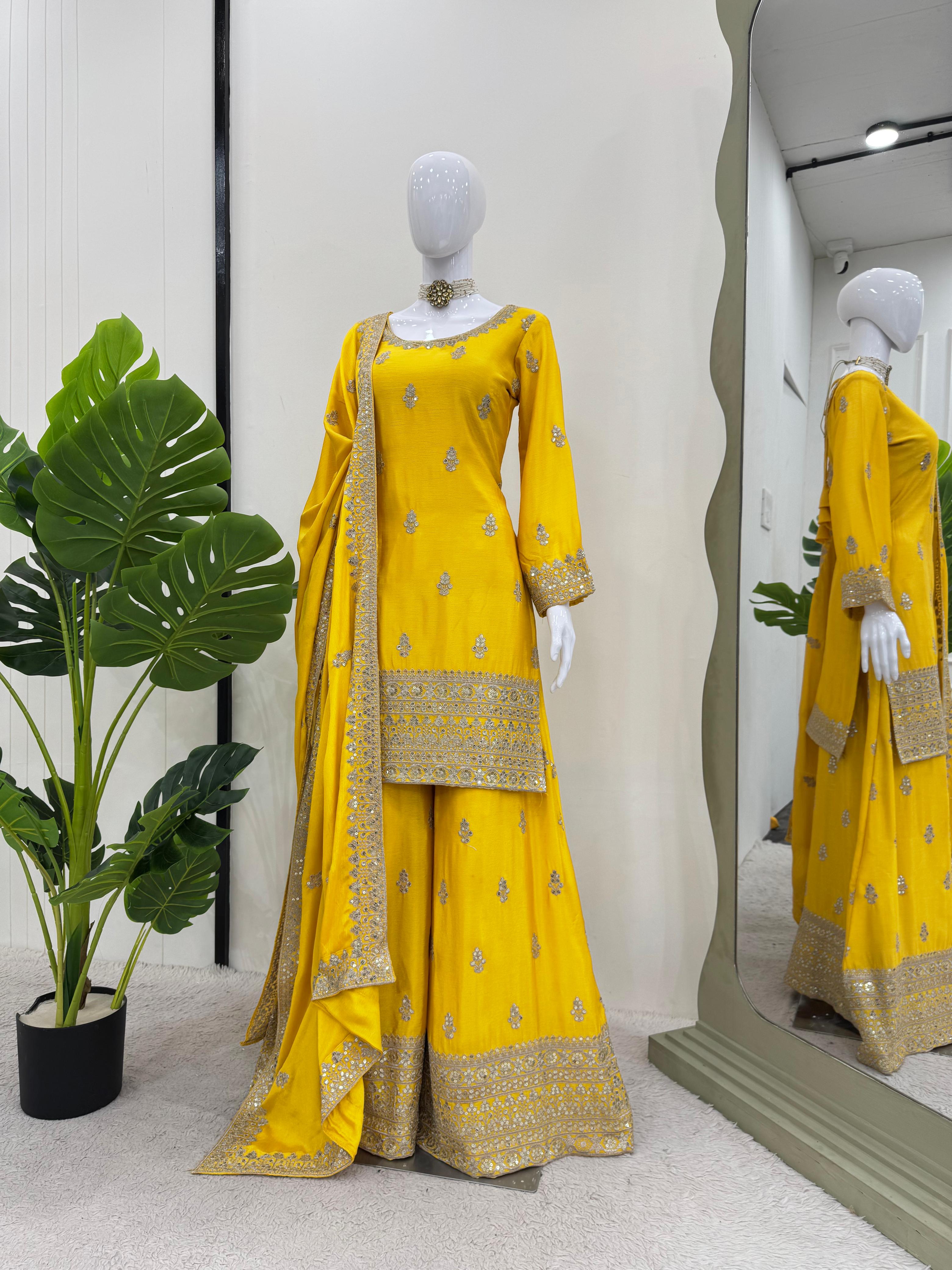 Wedding Wear Yellow Color Chinon Silk Wear For Girls