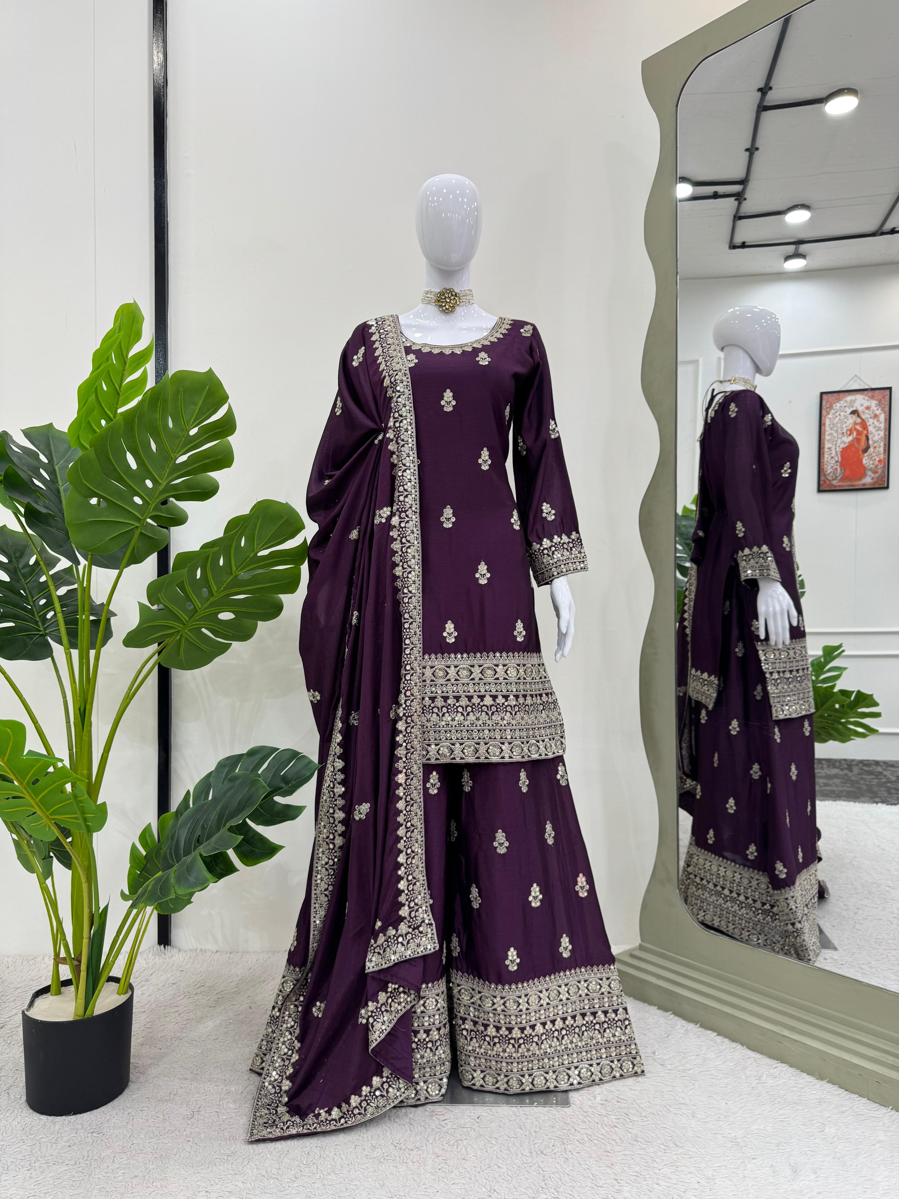 Wedding Wear Purple Color Chinon Silk Wear For Girls