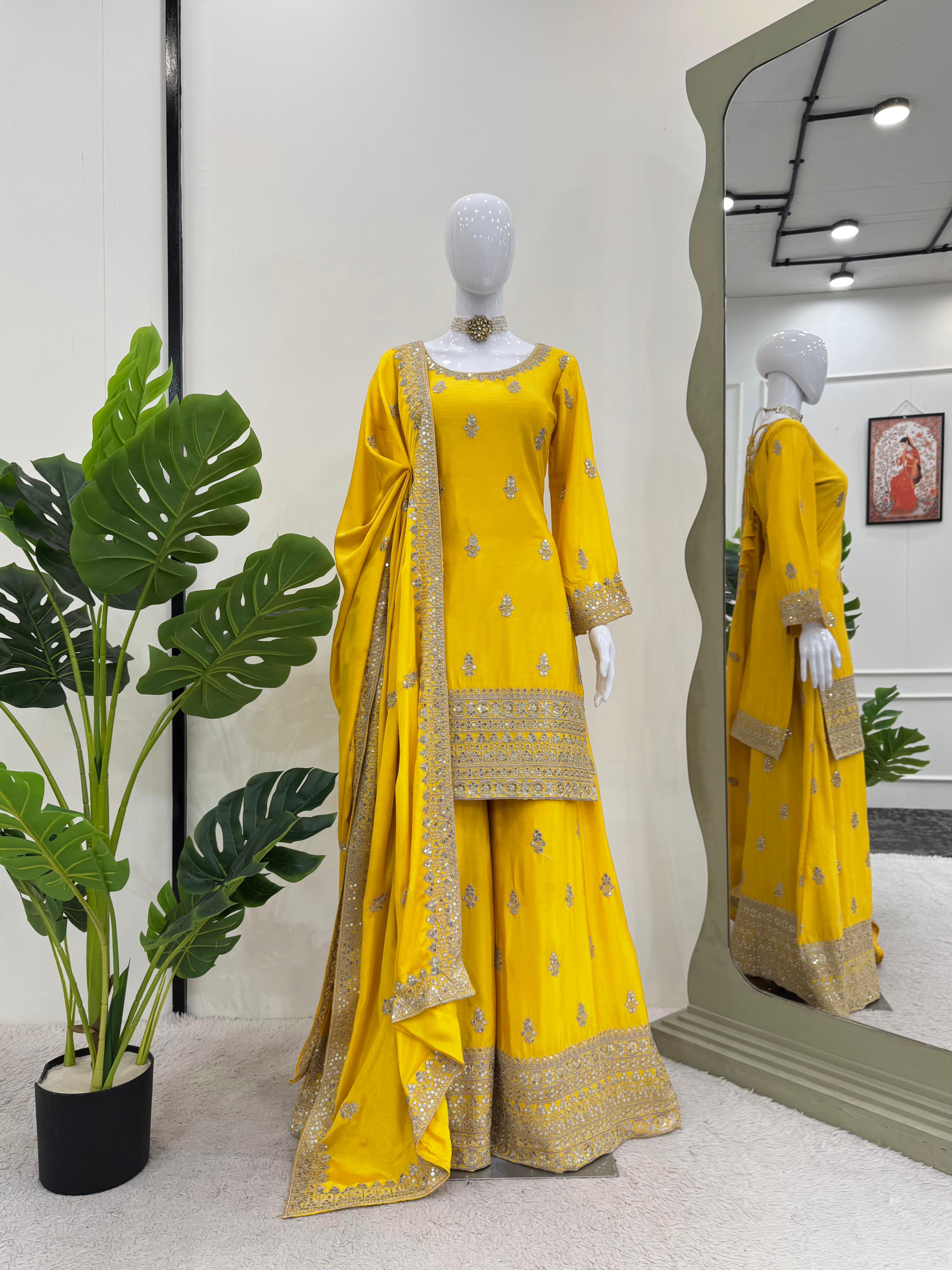 Wedding Wear Yellow Color Chinon Silk Wear For Girls