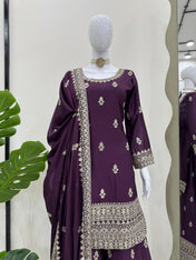 Wedding Wear Purple Color Chinon Silk Wear For Girls