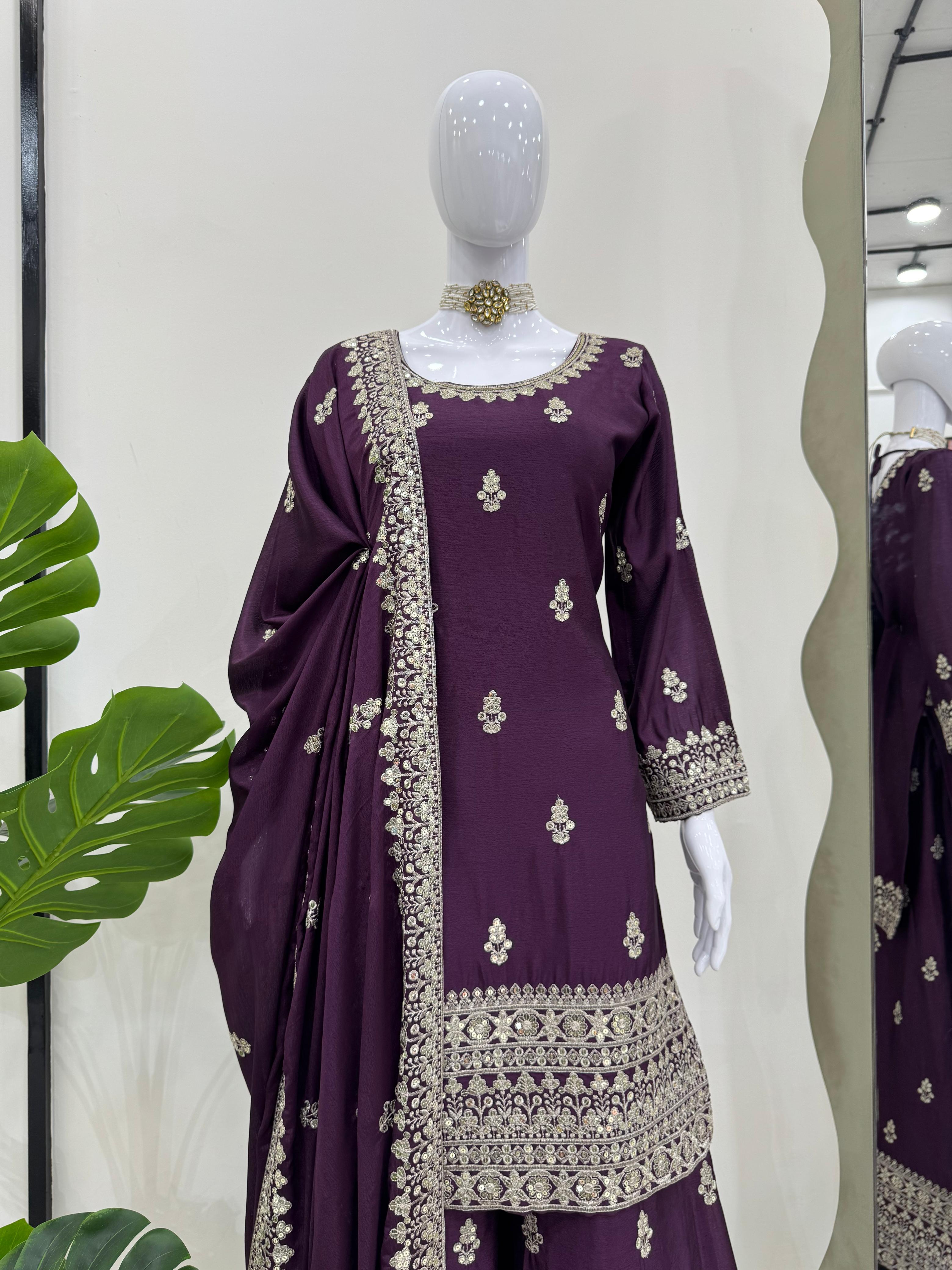 Wedding Wear Purple Color Chinon Silk Wear For Girls
