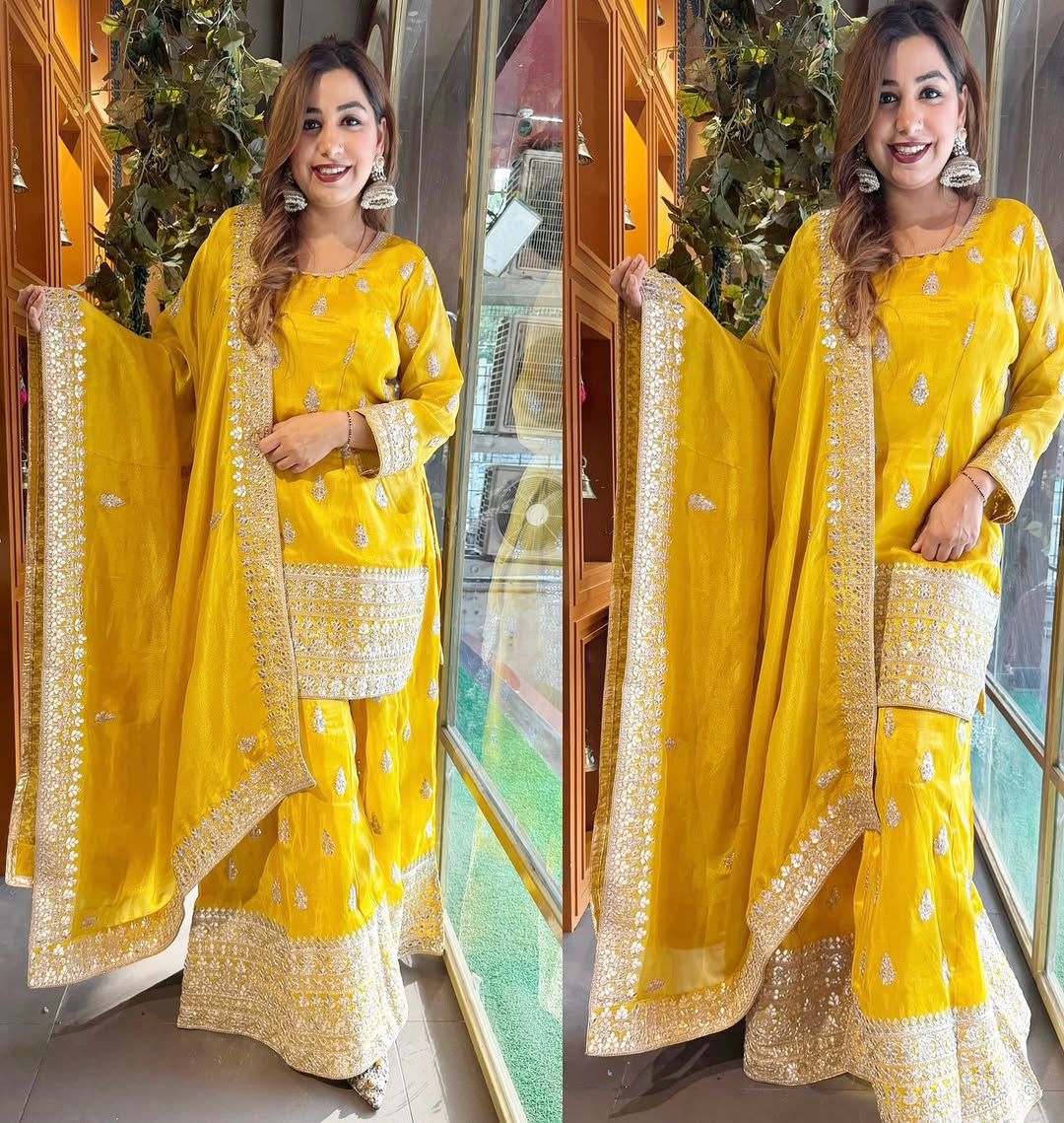 Wedding Wear Yellow Color Chinon Silk Wear For Girls