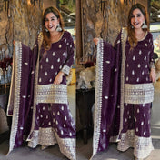 Wedding Wear Purple Color Chinon Silk Wear For Girls