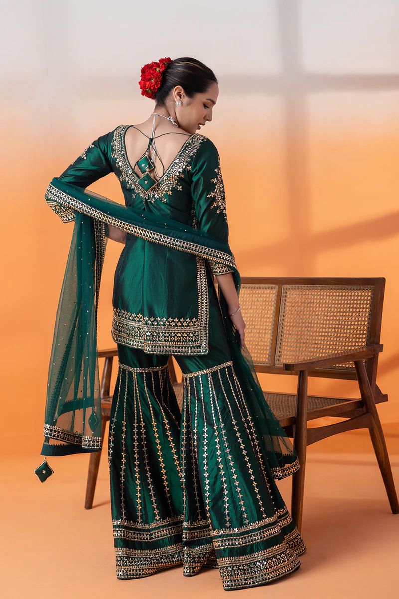 Wedding Wear Green Color Chinon Silk Suit For Girls