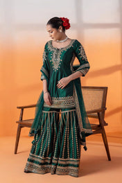 Wedding Wear Green Color Chinon Silk Suit For Girls