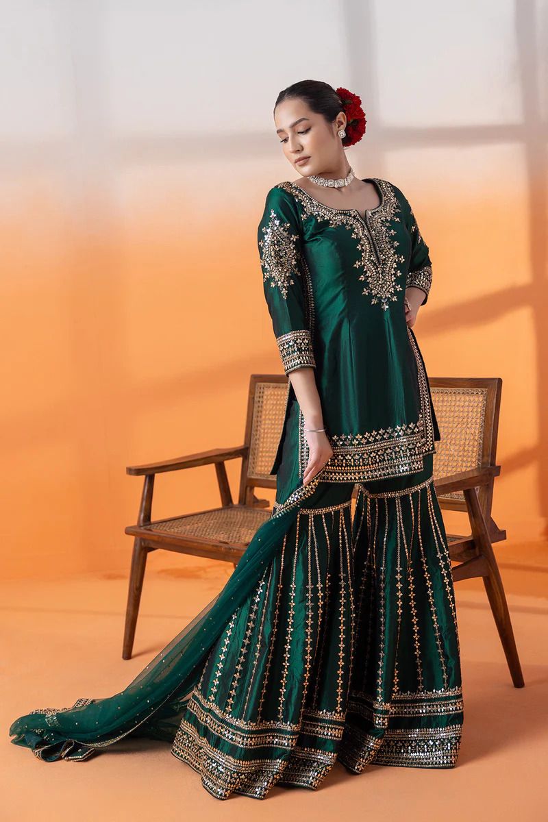 Wedding Wear Green Color Chinon Silk Suit For Girls
