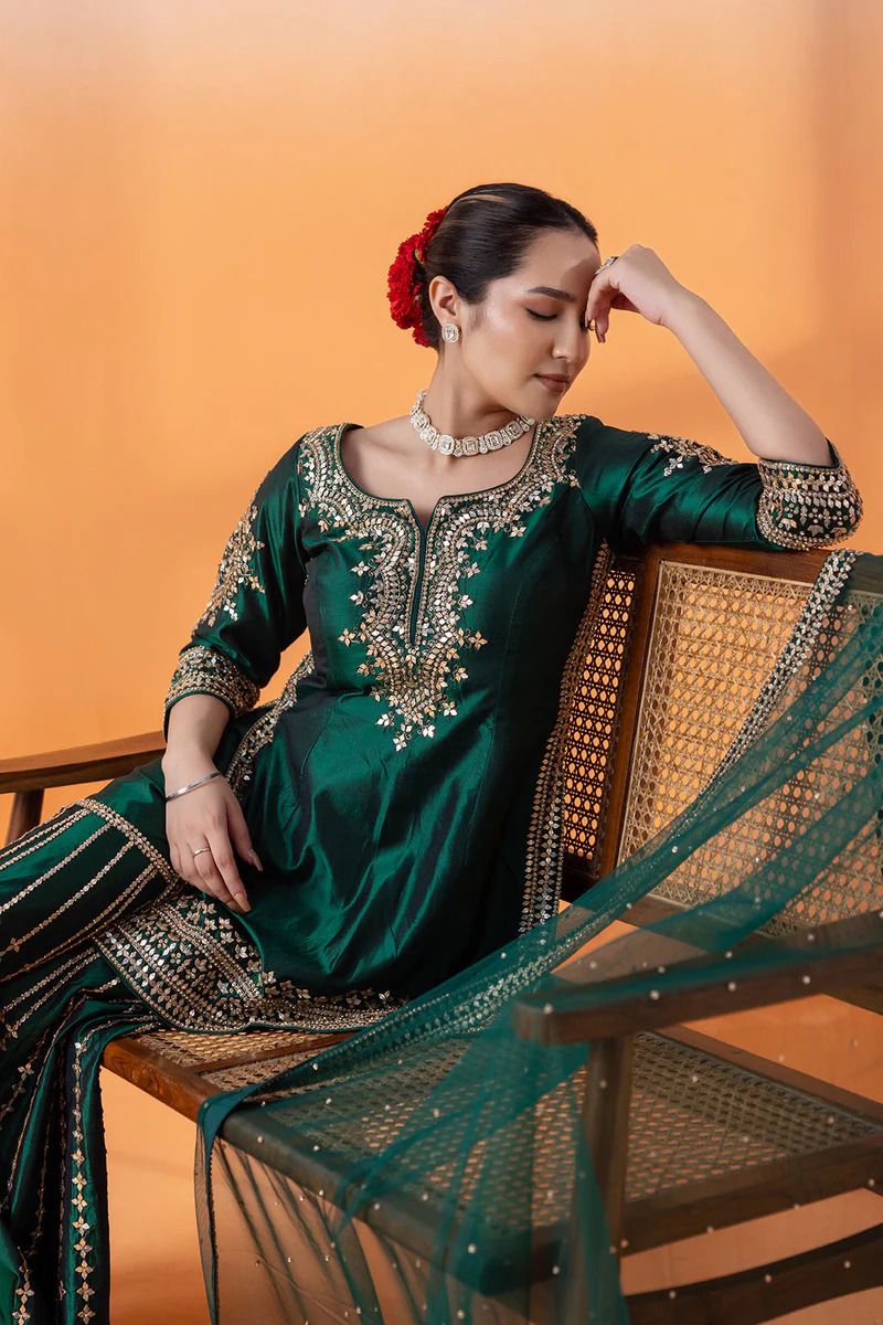 Wedding Wear Green Color Chinon Silk Suit For Girls