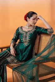 Wedding Wear Green Color Chinon Silk Suit For Girls