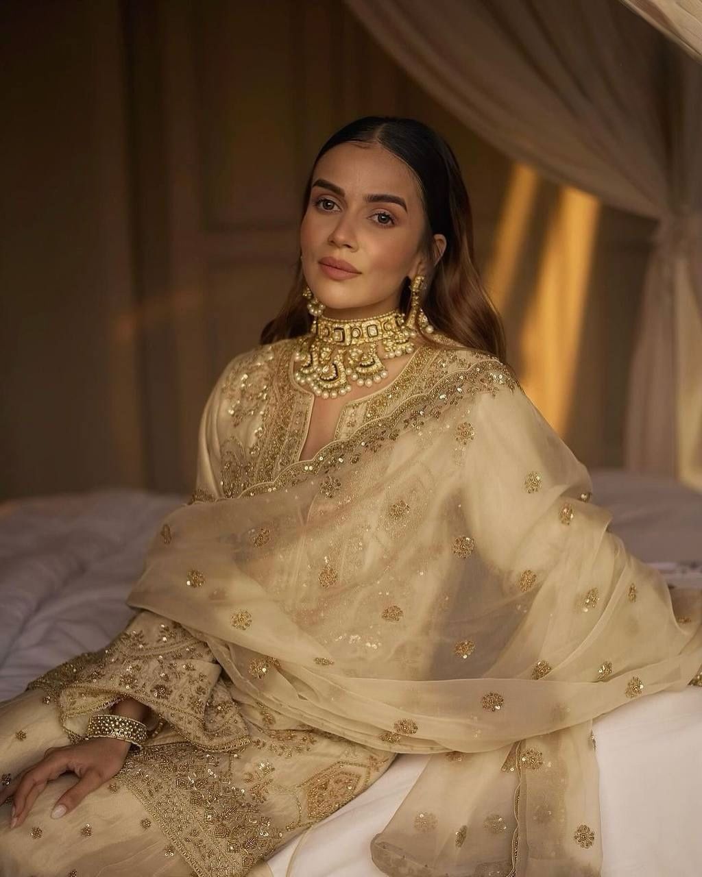 Festival Wear Cream Color Chinon Silk Suit For Girls