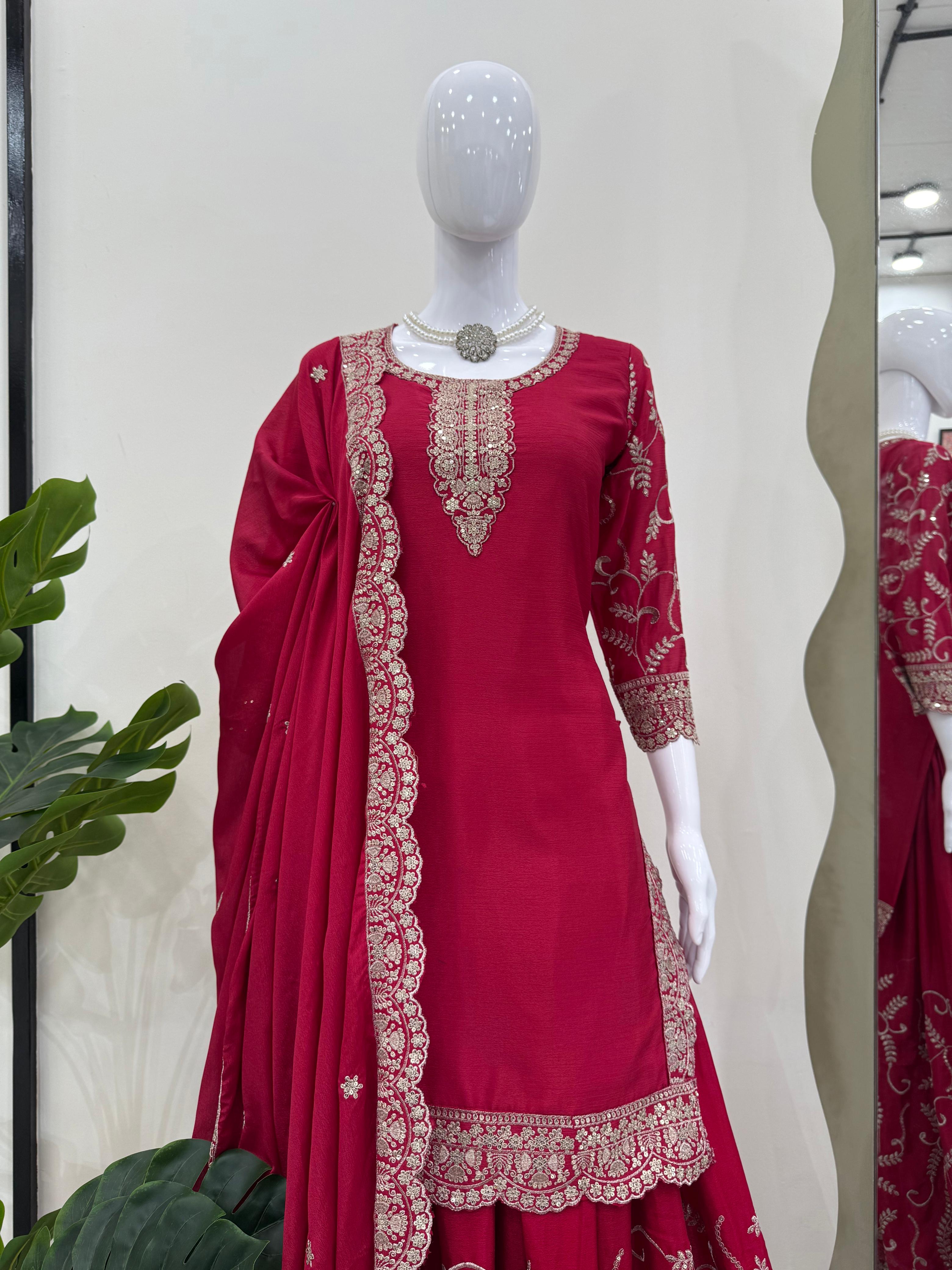 Party Wear Pink Color Chinnon Silk Fabric For Girls