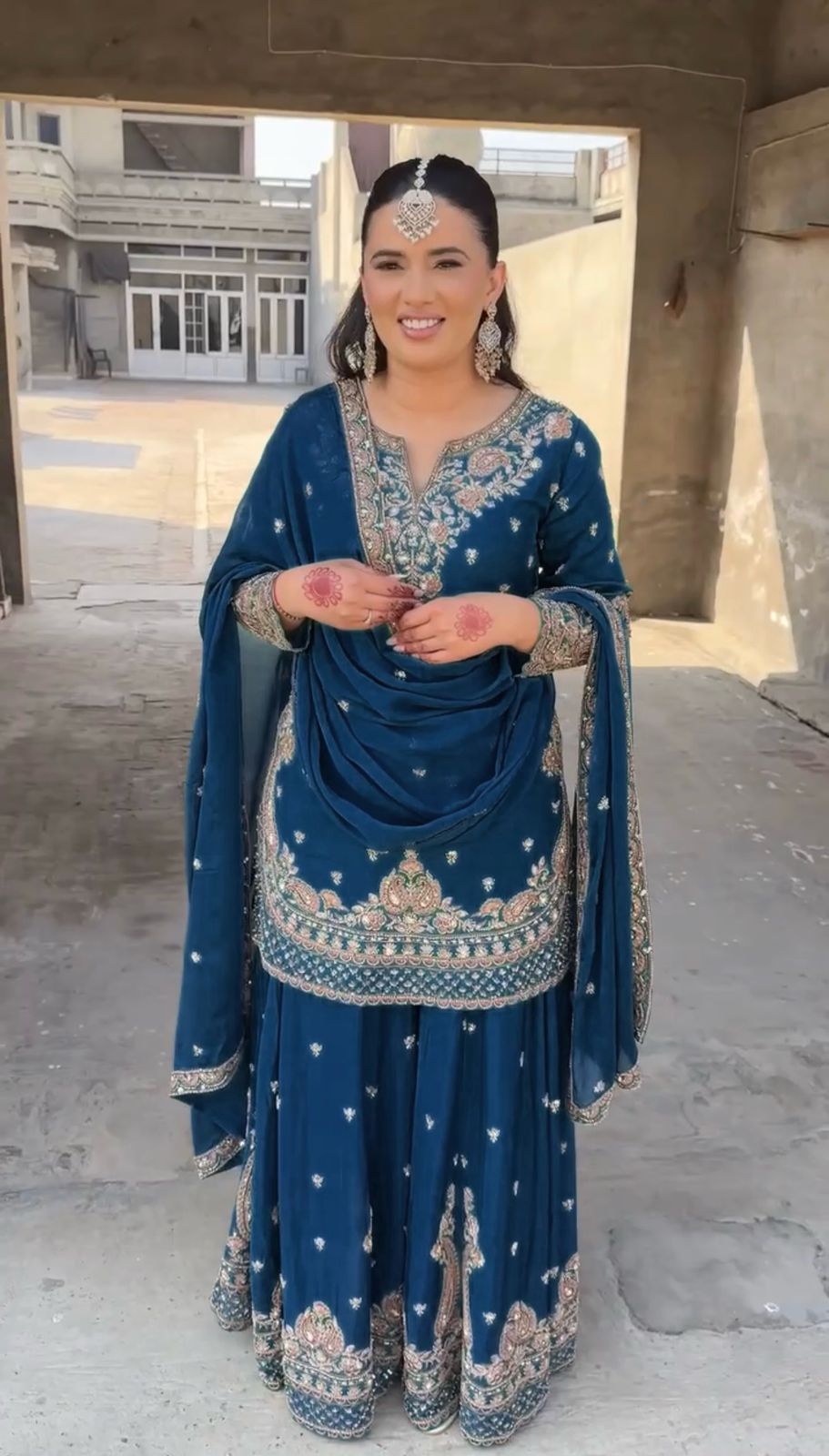Party Wear Blue Color Chinon Silk Sharara Set For Girls