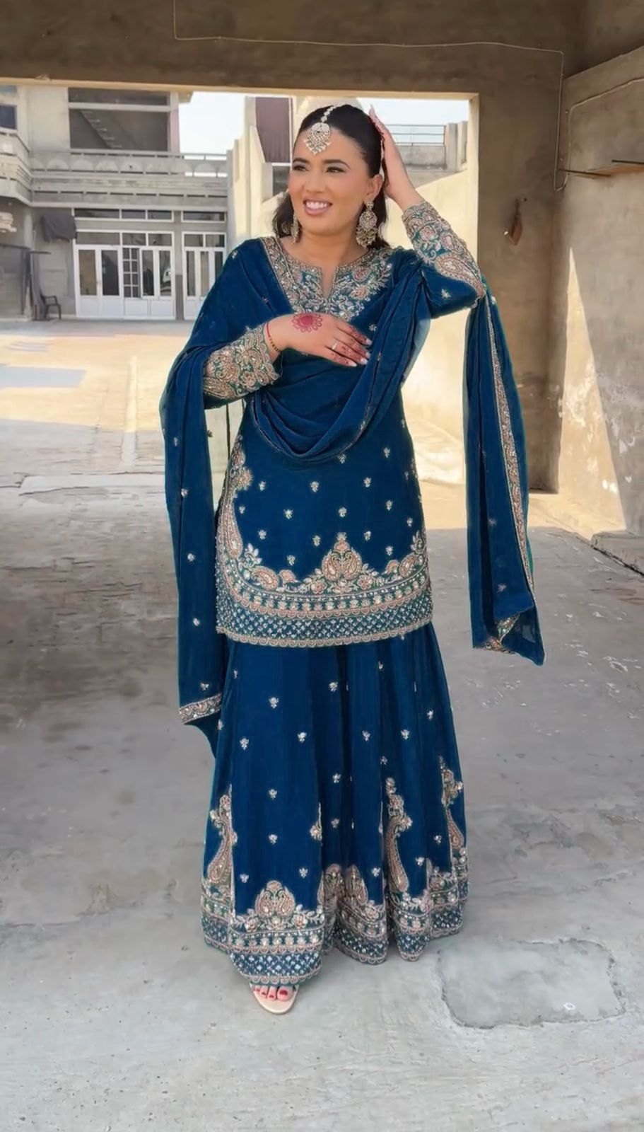 Party Wear Blue Color Chinon Silk Sharara Set For Girls