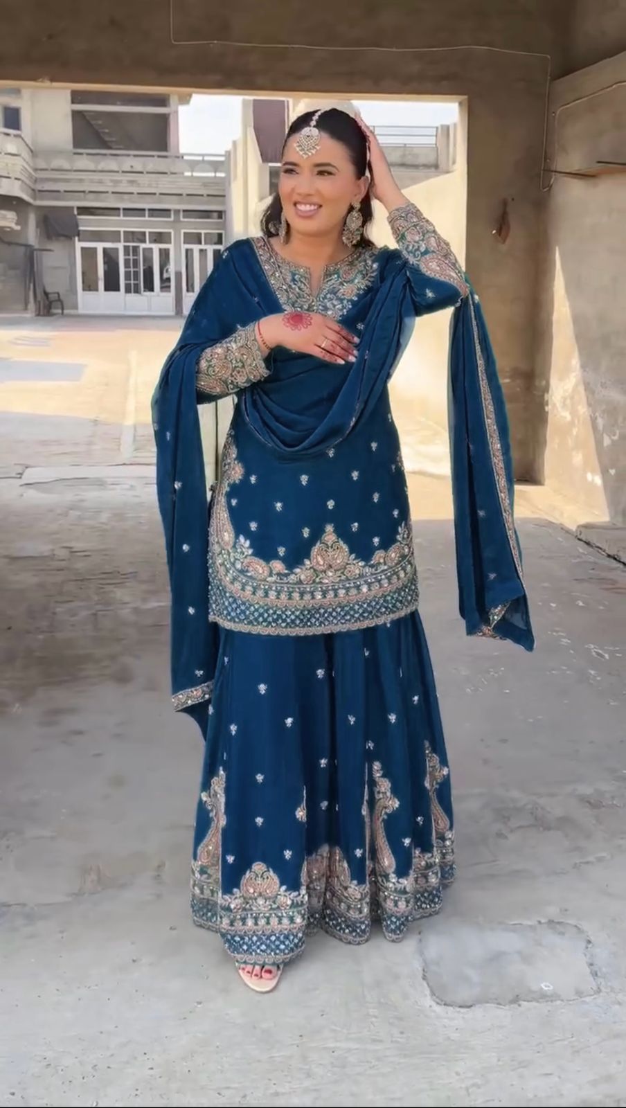 Party Wear Blue Color Chinon Silk Sharara Set For Girls