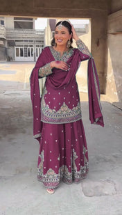 Party Wear Dark Pink Color Chinon Silk Salwar Kameez For Girls