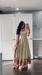 Wedding Wear White Color Chinon silk Gown For Girls