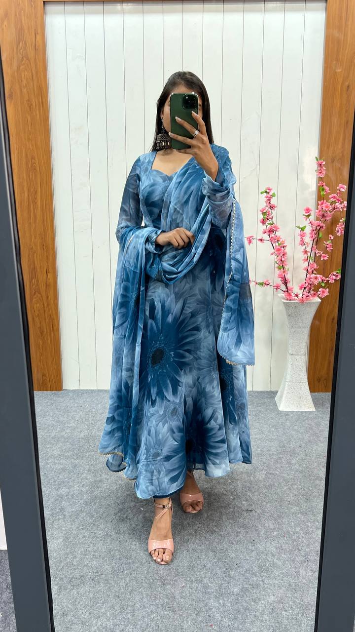 Party Wear Blue Color Pure Soft Light Weight Chiffon Gown For Girls