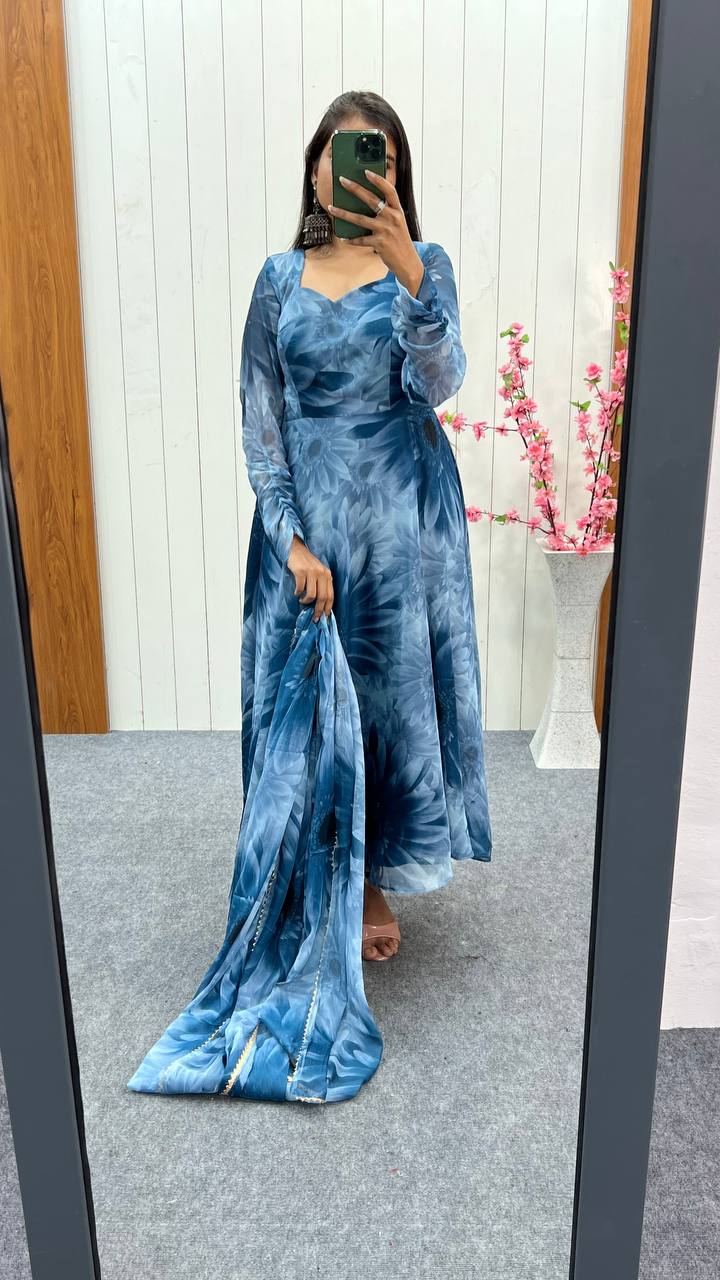 Party Wear Blue Color Pure Soft Light Weight Chiffon Gown For Girls