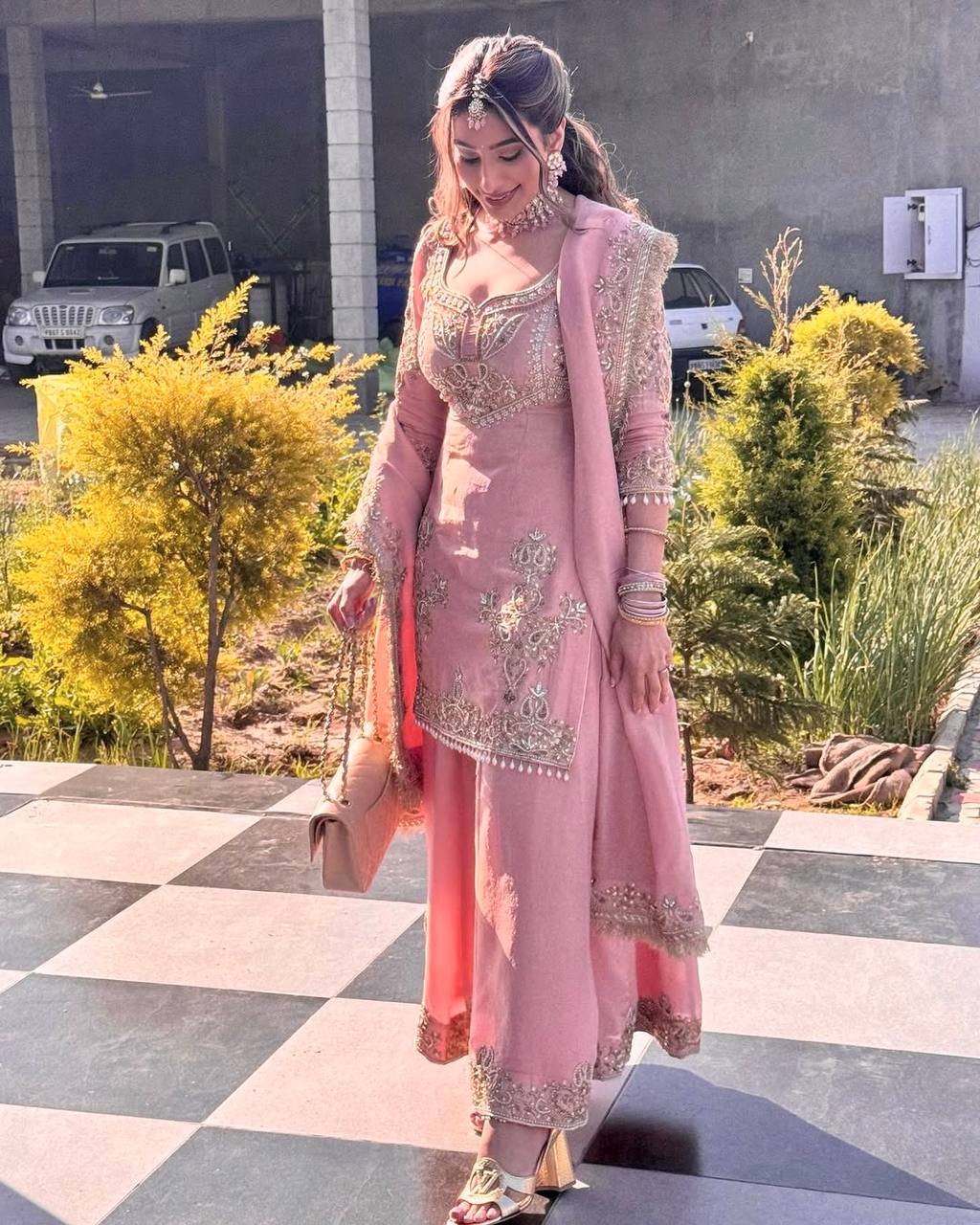 Wedding Wear Pink Color Heavy Pure Chinnon Sharara For Girls