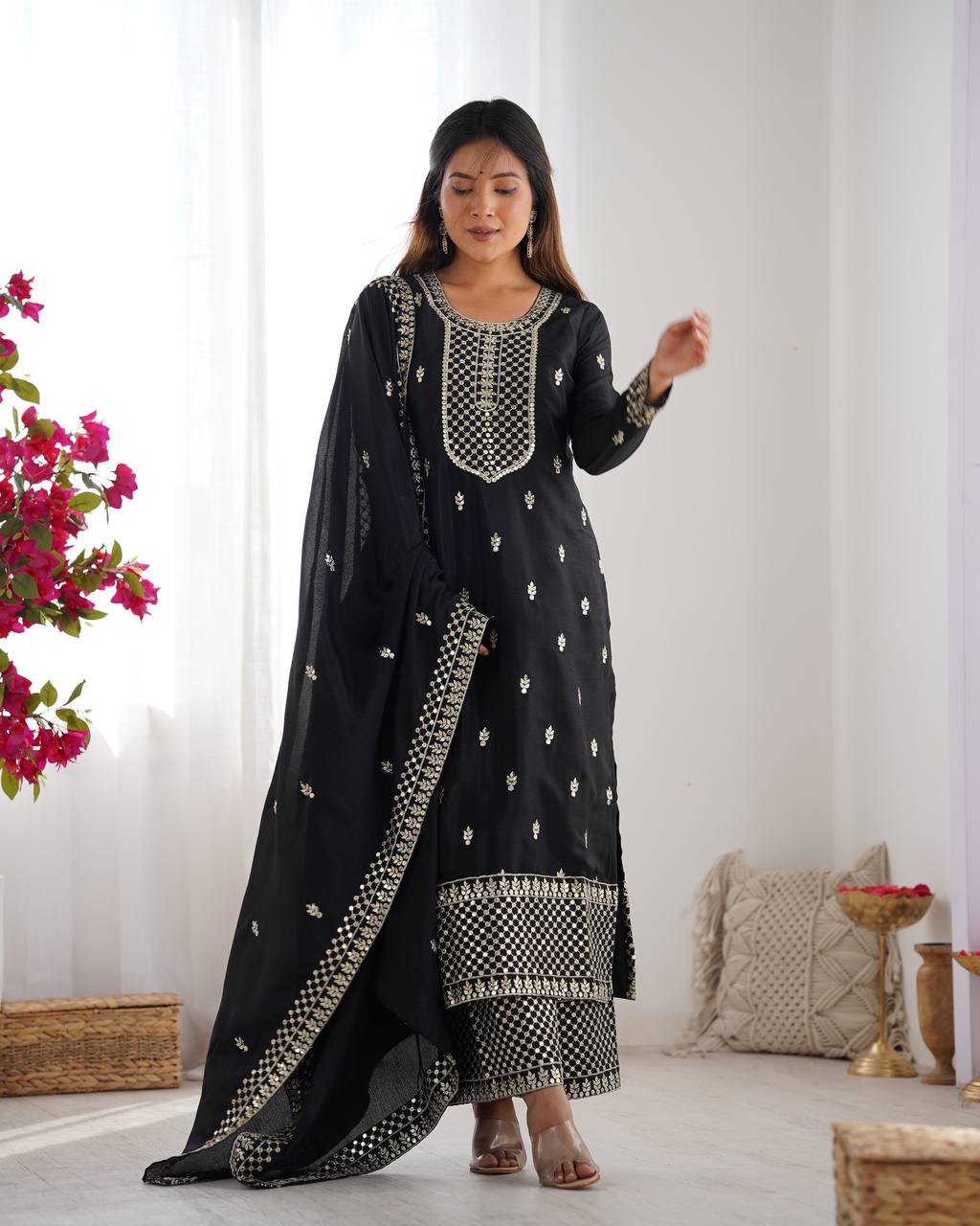 Wedding Wear Black Color Pure Chinon Silk Kurti For Girls