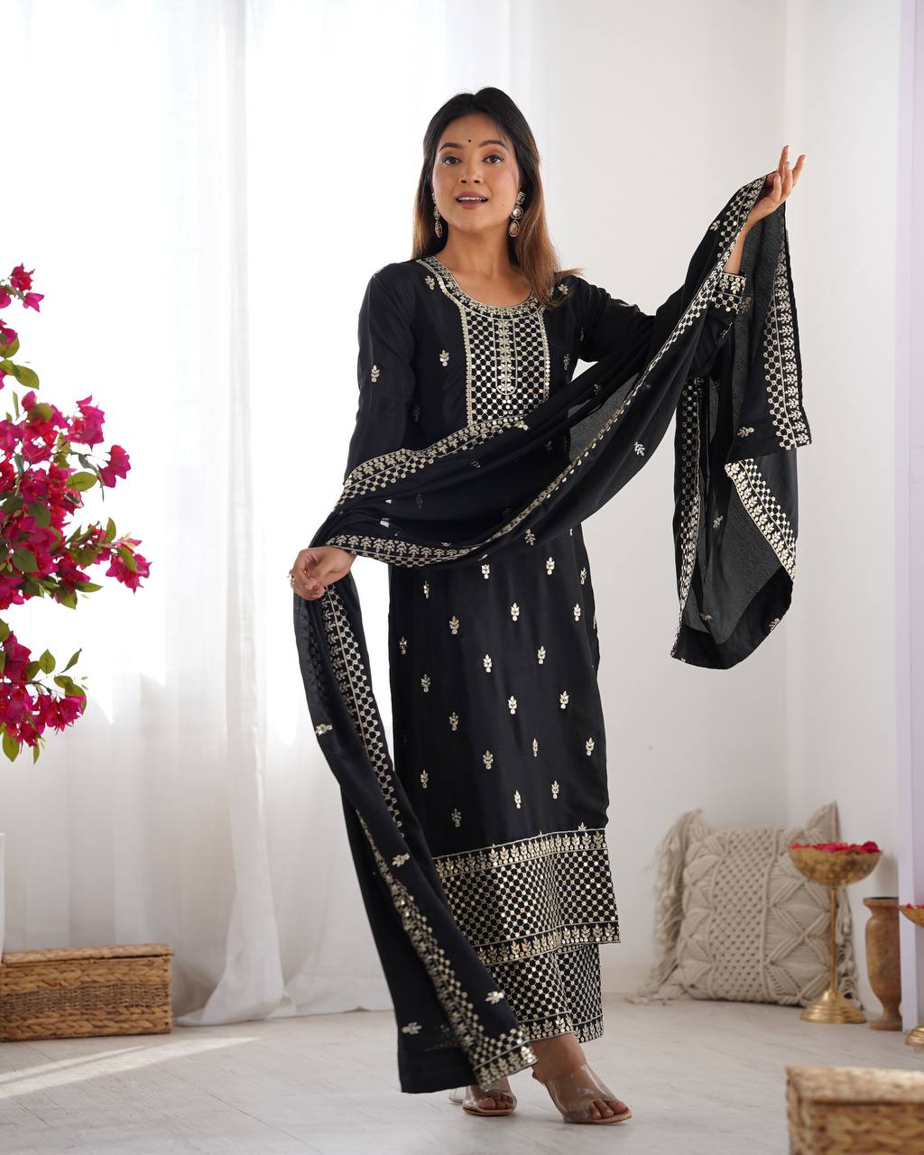 Wedding Wear Black Color Pure Chinon Silk Kurti For Girls