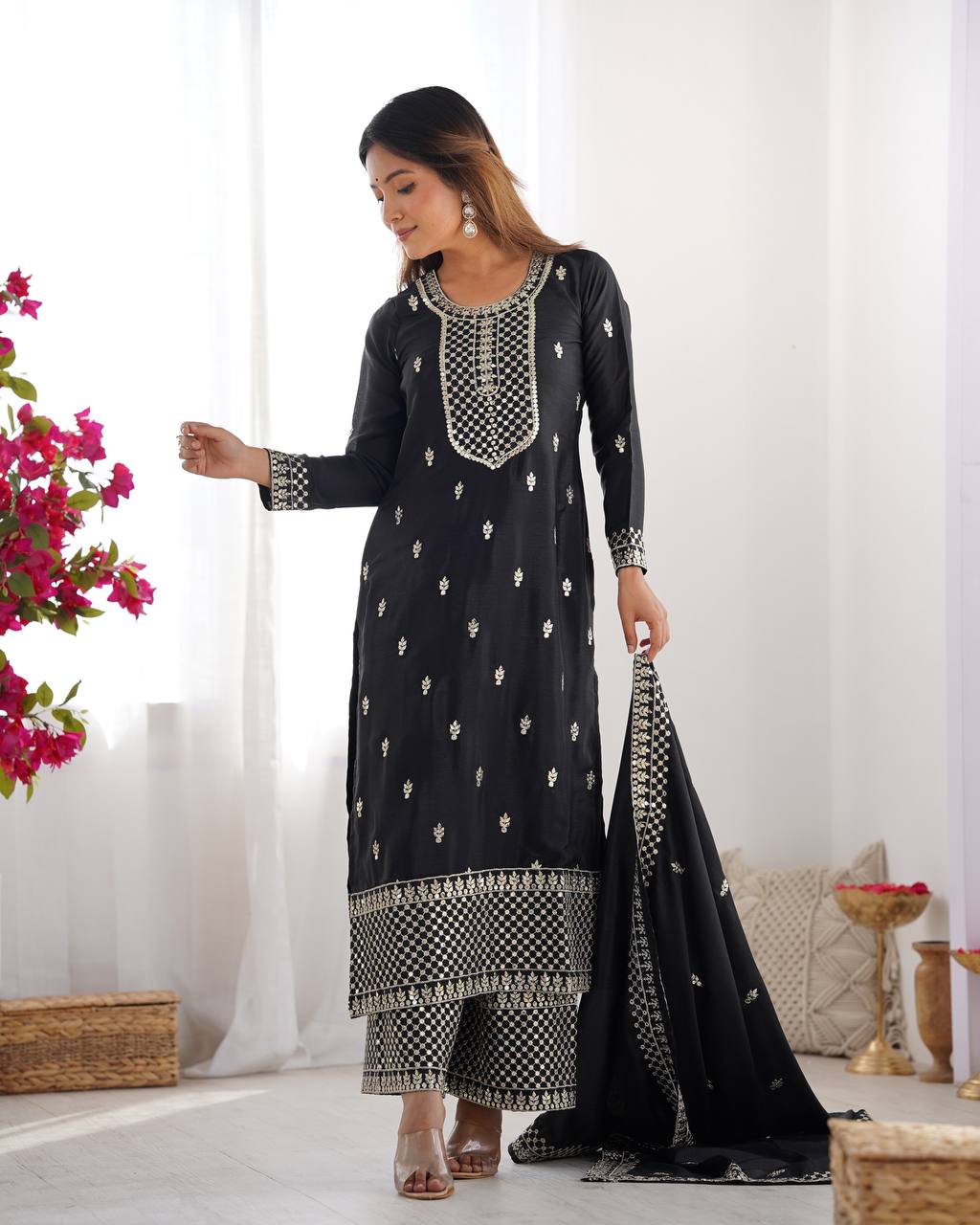 Wedding Wear Black Color Pure Chinon Silk Kurti For Girls