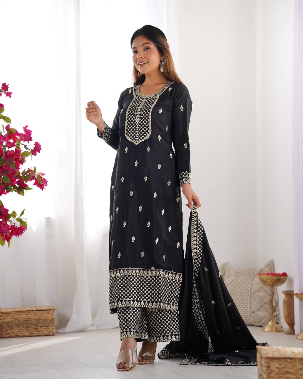 Wedding Wear Black Color Pure Chinon Silk Kurti For Girls