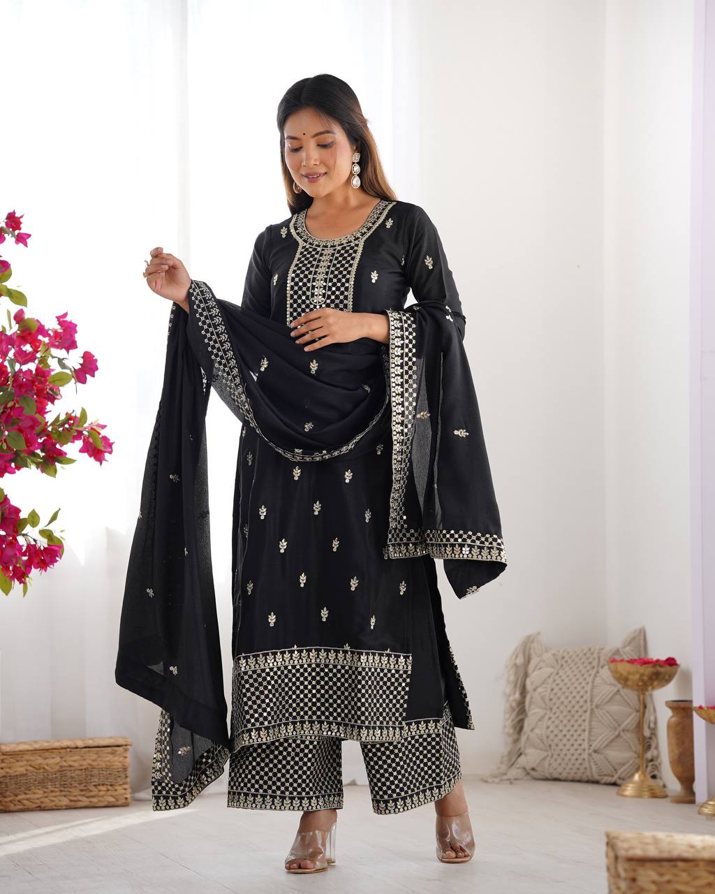 Wedding Wear Black Color Pure Chinon Silk Kurti For Girls