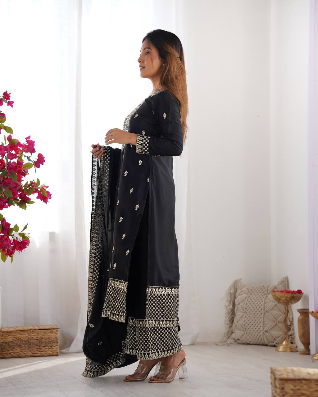 Wedding Wear Black Color Pure Chinon Silk Kurti For Girls