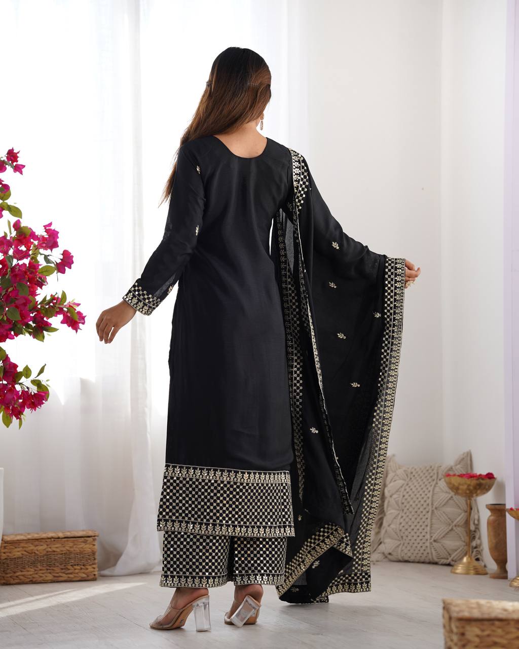 Wedding Wear Black Color Pure Chinon Silk Kurti For Girls