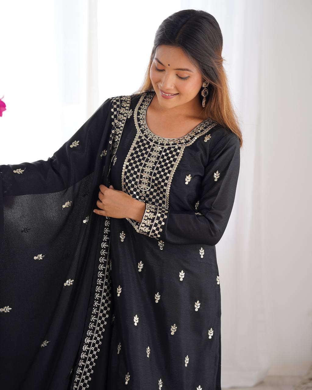 Wedding Wear Black Color Pure Chinon Silk Kurti For Girls