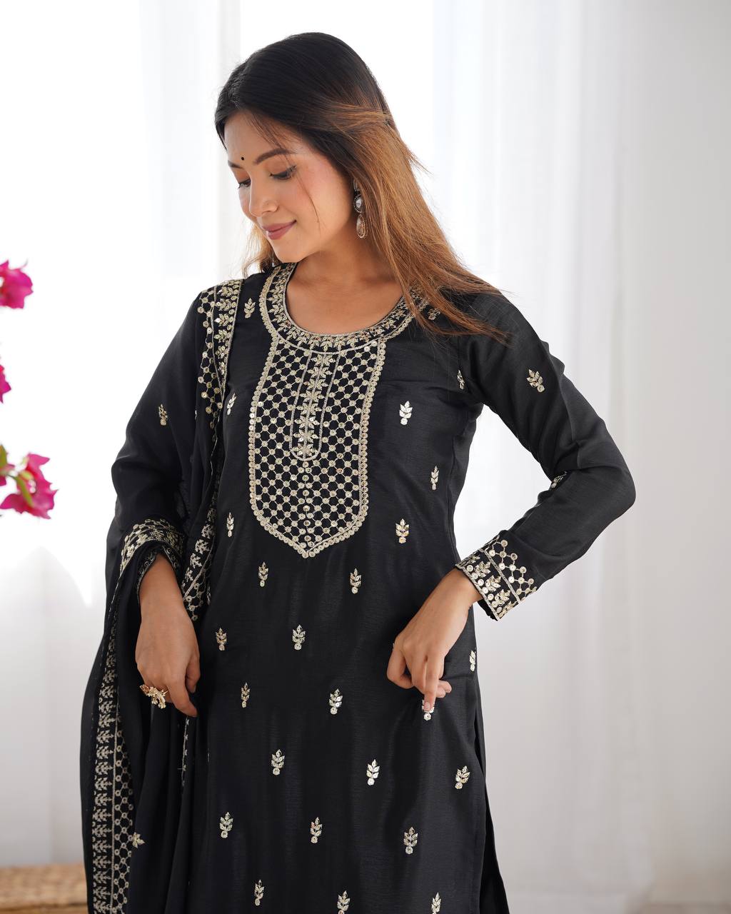 Wedding Wear Black Color Pure Chinon Silk Kurti For Girls