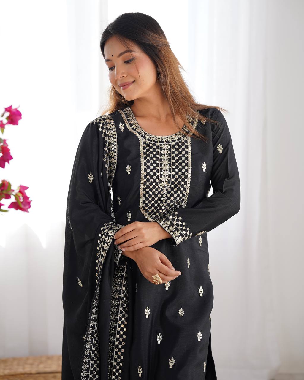 Wedding Wear Black Color Pure Chinon Silk Kurti For Girls