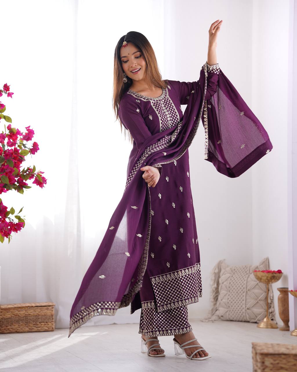 Festival Wear Wine Color Pure Chinon Silk Kurti For Girls