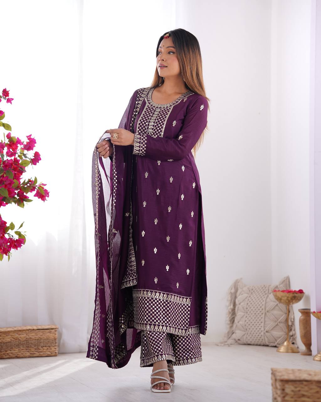 Festival Wear Wine Color Pure Chinon Silk Kurti For Girls