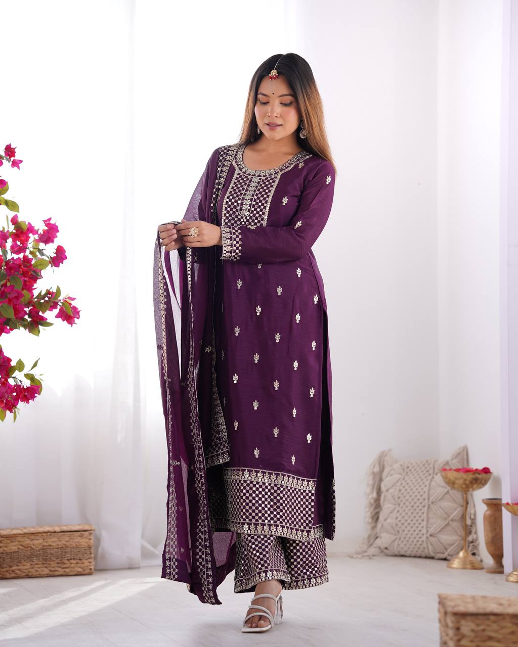 Festival Wear Wine Color Pure Chinon Silk Kurti For Girls
