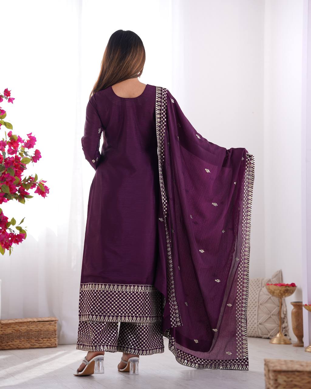 Festival Wear Wine Color Pure Chinon Silk Kurti For Girls