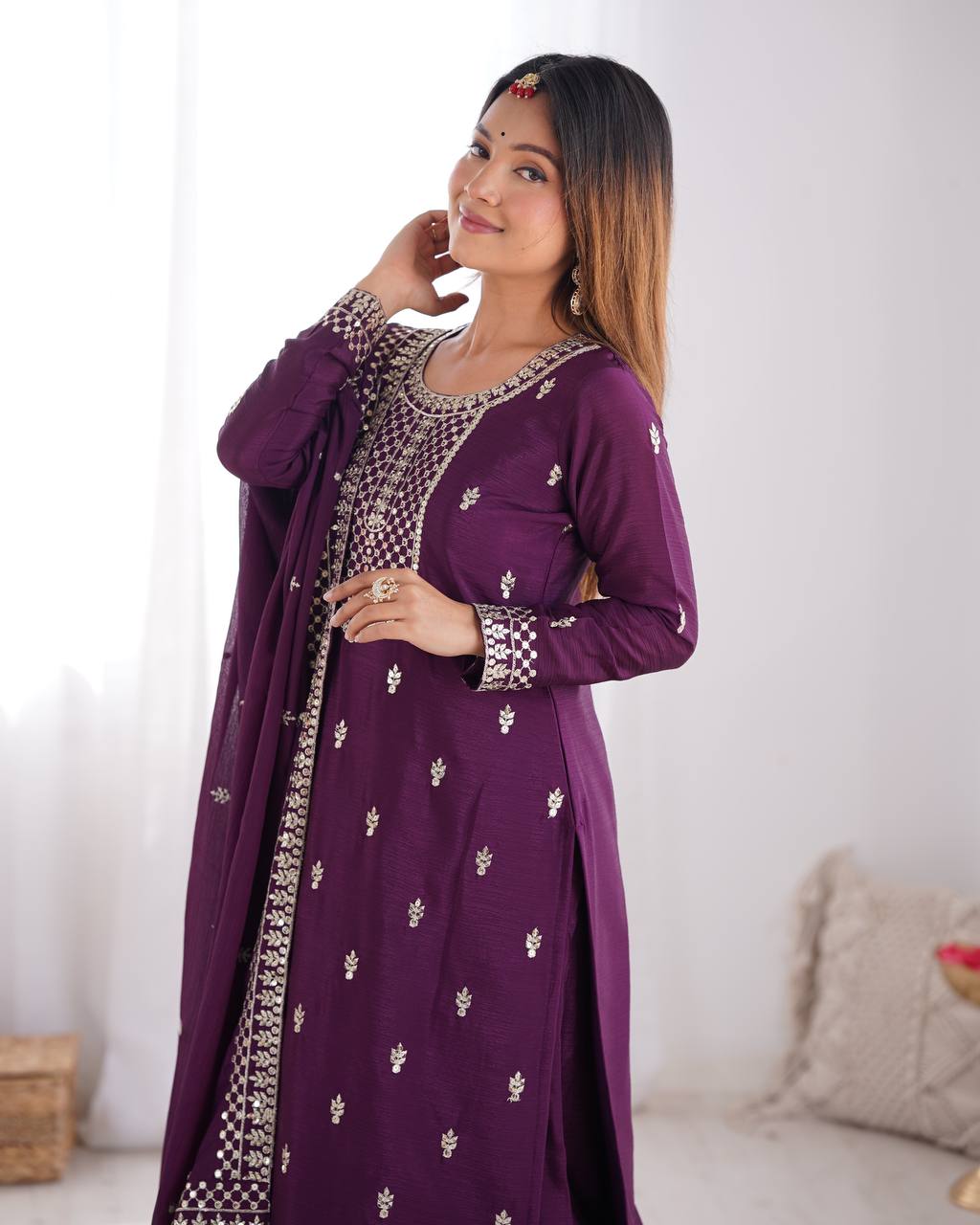 Festival Wear Wine Color Pure Chinon Silk Kurti For Girls