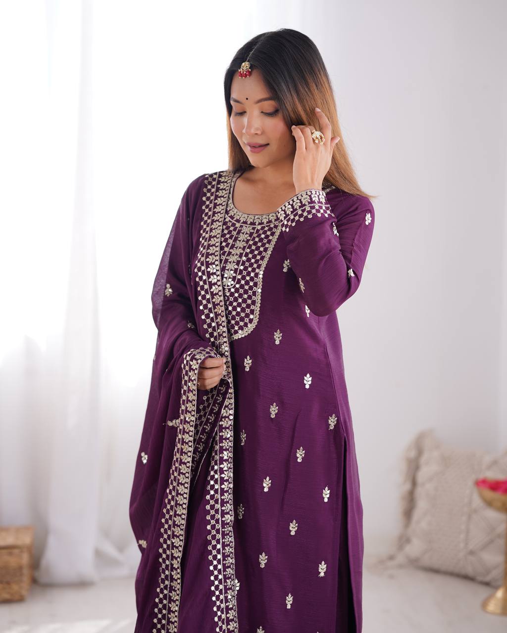 Festival Wear Wine Color Pure Chinon Silk Kurti For Girls