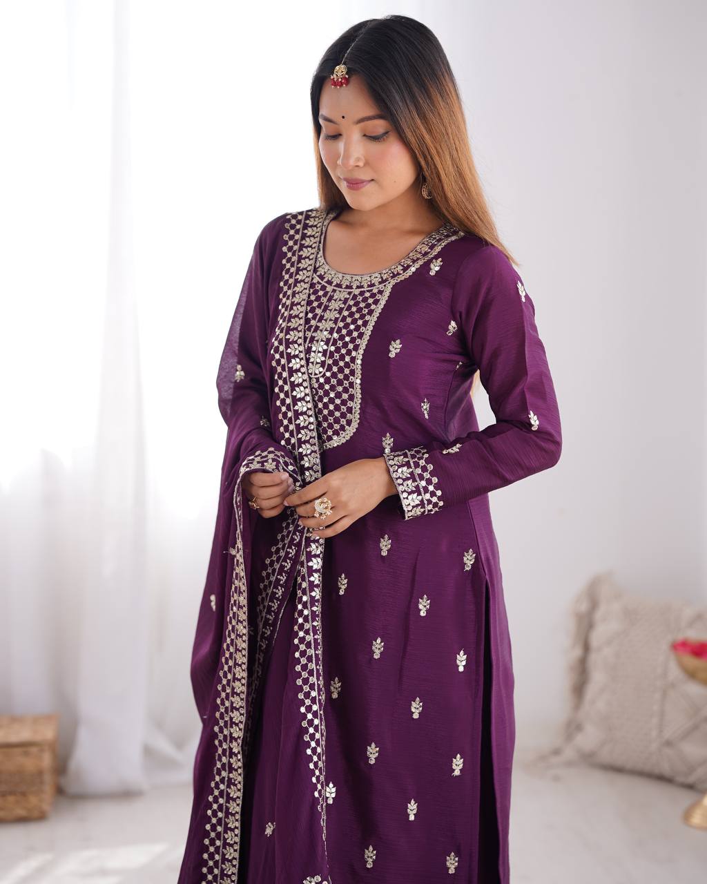 Festival Wear Wine Color Pure Chinon Silk Kurti For Girls