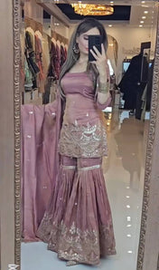 Wedding Wear Peach Color Heavy Chinon Silk Sharara For Girls